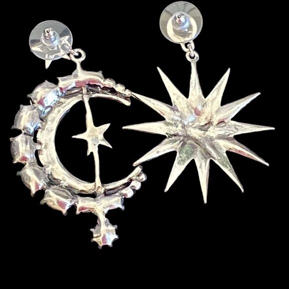 Star Crescent Moon Mismatched Silver Tone Smoky Crystal Dangle Earrings NWT - Picture 12 of 12